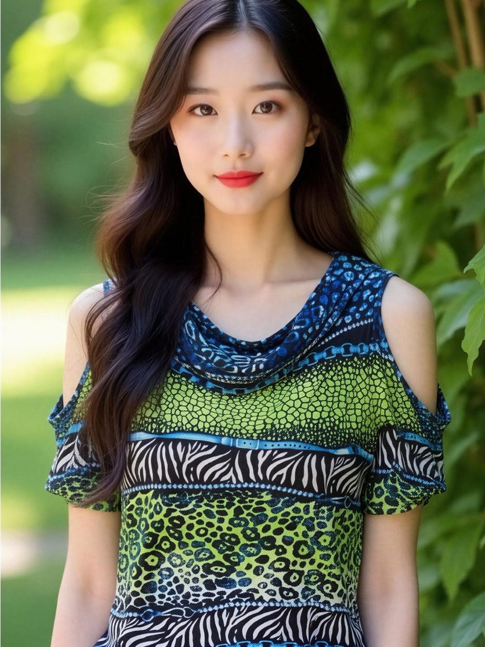 Cold-Shoulder Women's Jersey Top in Lime Green and Navy